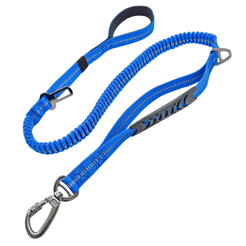 Blue nylon 2-in-1 dog travel tether and walking lead with metal connectors