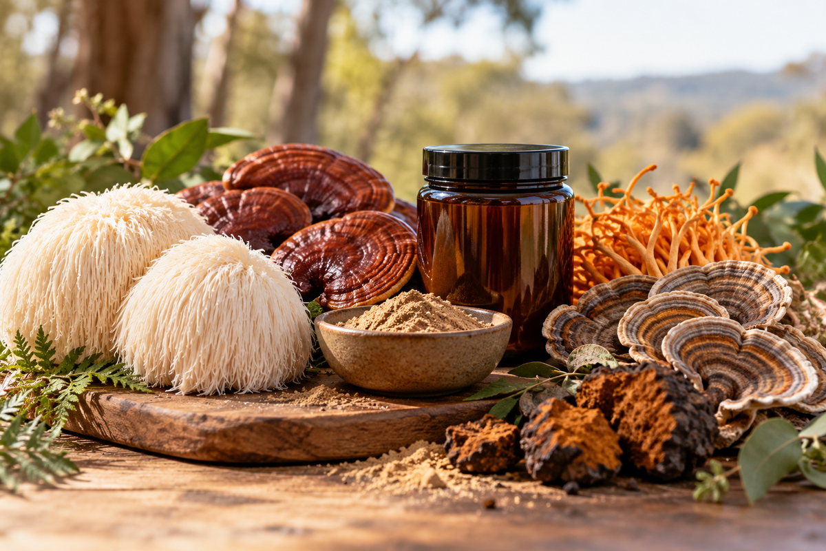 Lion's Mane, Reishi, Cordyceps, Turkey Tail and Chaga mushrooms featured in a functional mushroom buyer's guide