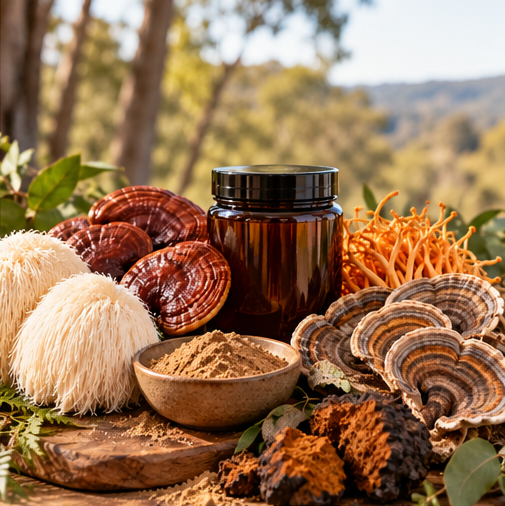 Functional mushrooms and mushroom powder in a natural Australian-inspired setting