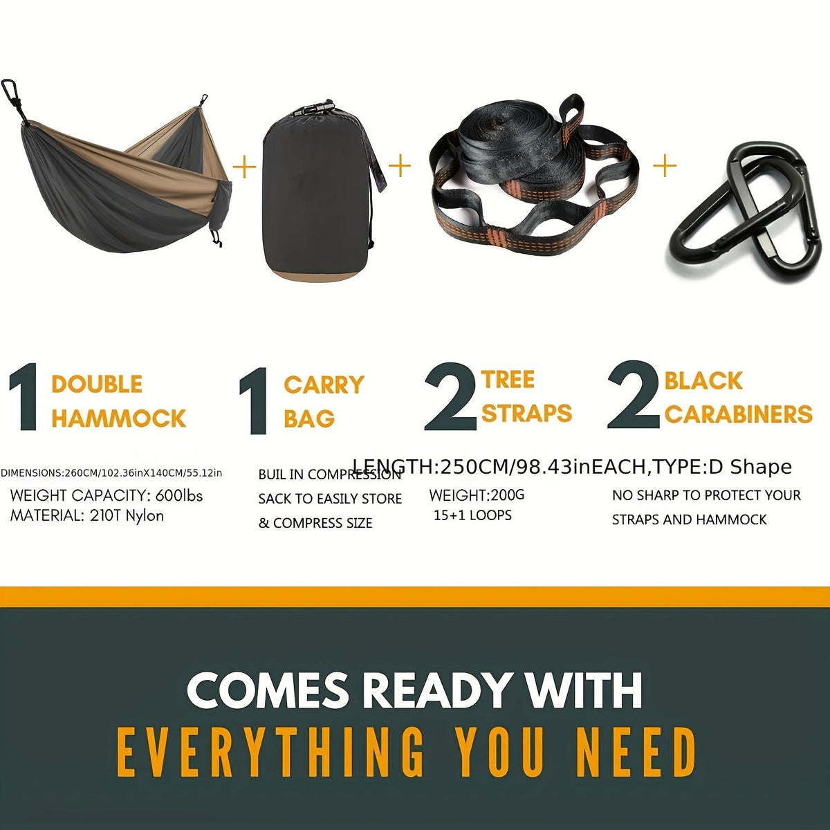 Anti-Tip Camping Hammock with Tree Straps & Carry Bag
