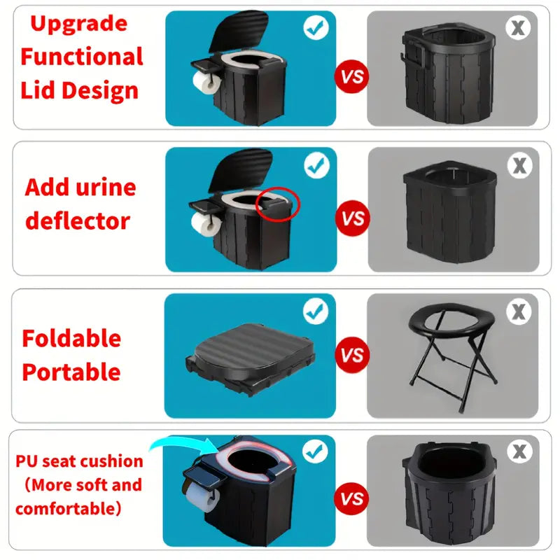 Portable Folding Toilet with PU Seat Cushion - Ideal for RV, Car, Camping