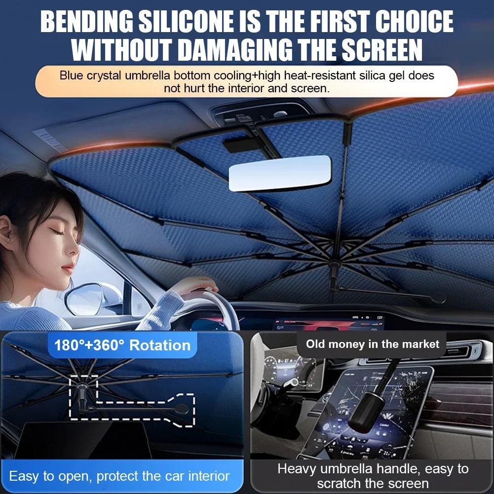 Car Sunshade Windshield Umbrella 360 Rotating Handle White