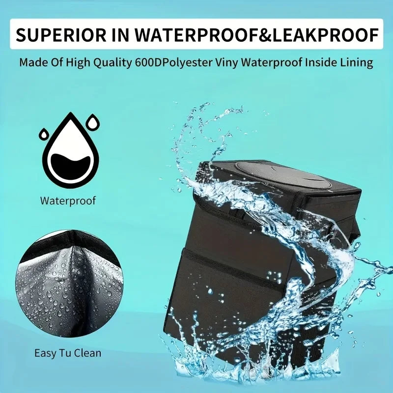Car Trash Can with Lid Storage Pockets 100% Leak Proof Black