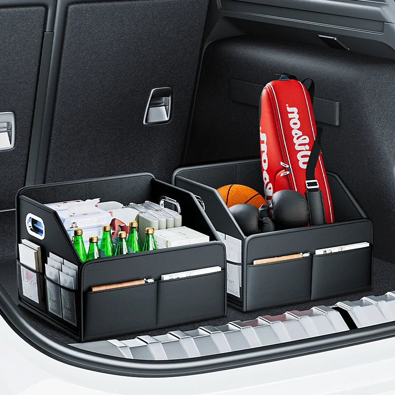 PU Leather Car Trunk Organizer Folding & Collapsible Cargo Storage Box Black
