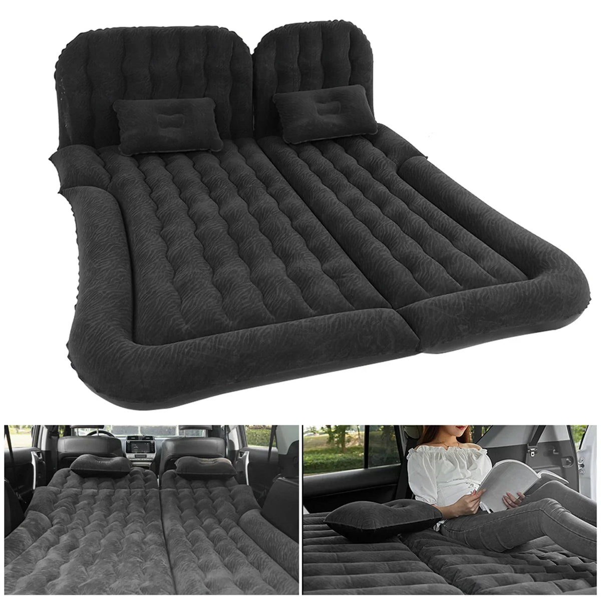 2-in-1 Car Inflatable Mattress Soft PVC Flocking Travel Bed with Pump Black