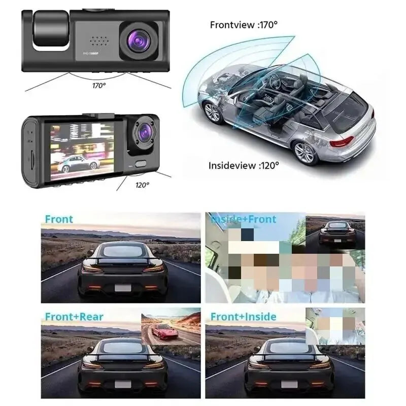 2 Channel 1080P HD Dash Cam Triple Lens Car DVR Black