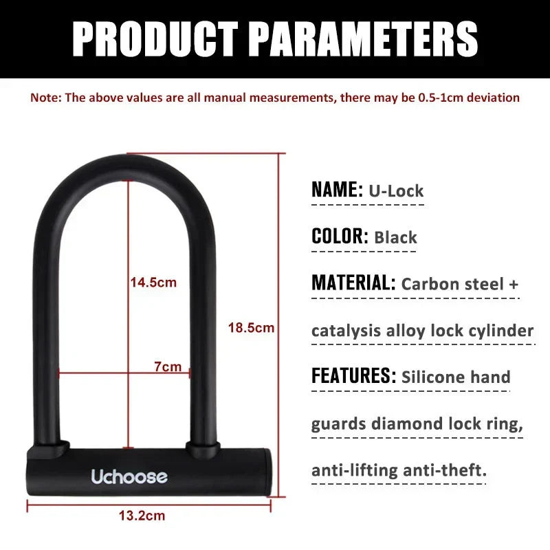 Heavy-Duty U-Shaped Motorcycle & Bicycle Anti-Theft Lock Black