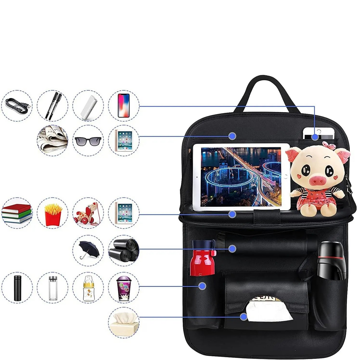 Car Seat Back Organizer with Foldable Table Tray PU Leather Storage Black