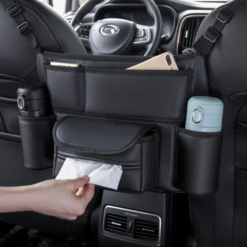 Multifunctional Leather Car Seat Storage Bag Hanging Organizer Black