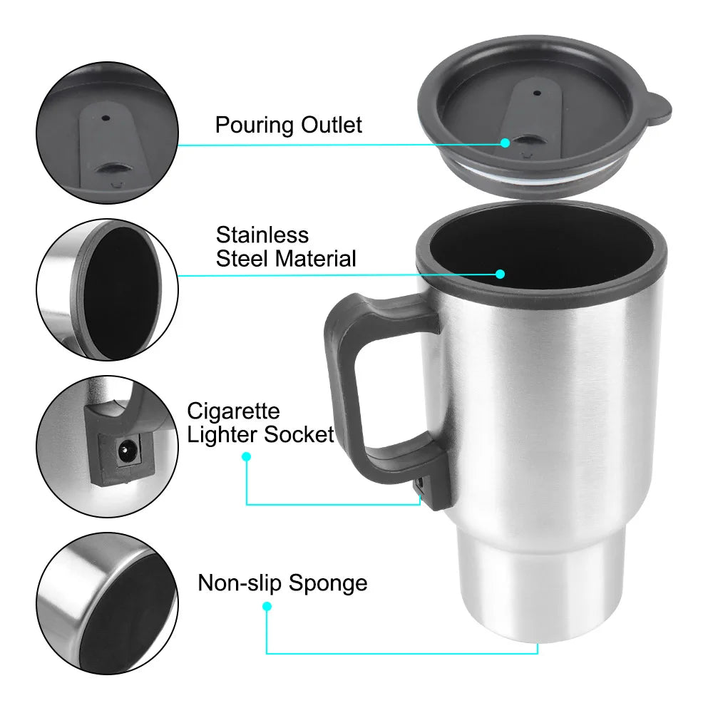 12V Electric Heating Car Kettle 450mL Stainless Steel Thermal Mug Silver