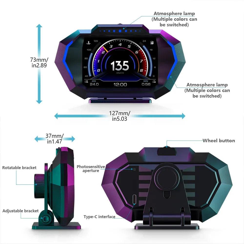 Car Speedometer Head Up Display HUD GPS OBD2 Slope Met Black