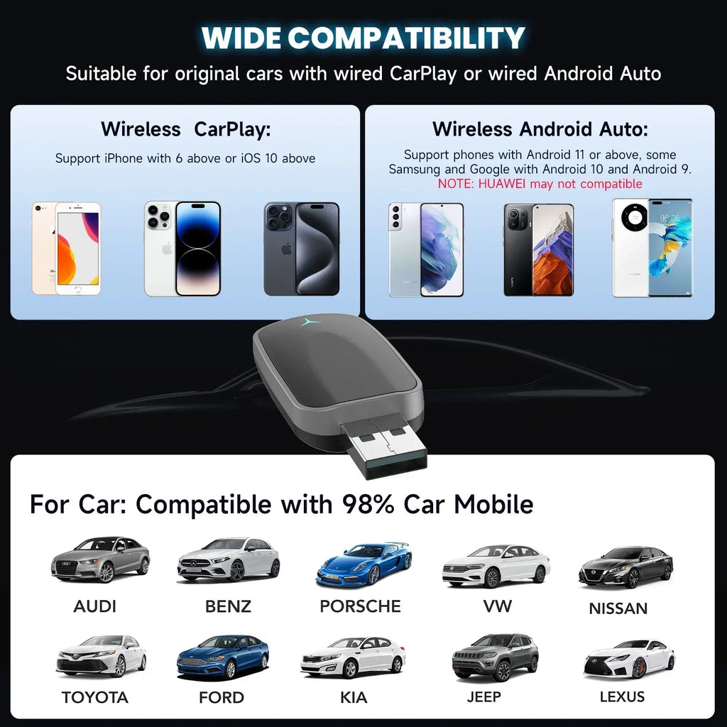 Wired to Wireless CarPlay Android Auto Adapter Black