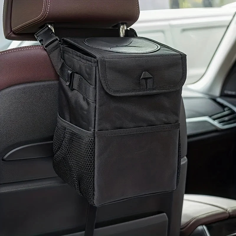 Car Trash Can with Lid Storage Pockets 100% Leak Proof Black