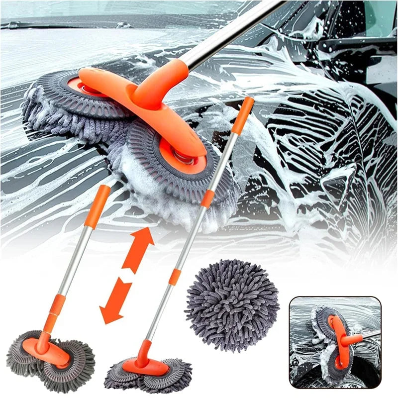 Rotating Car Wash Mop Brush–3-Section Telescopic Double Head Orange