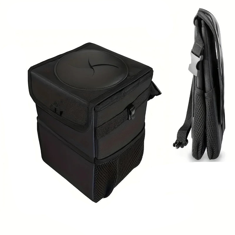 Car Trash Can with Lid Storage Pockets 100% Leak Proof Black