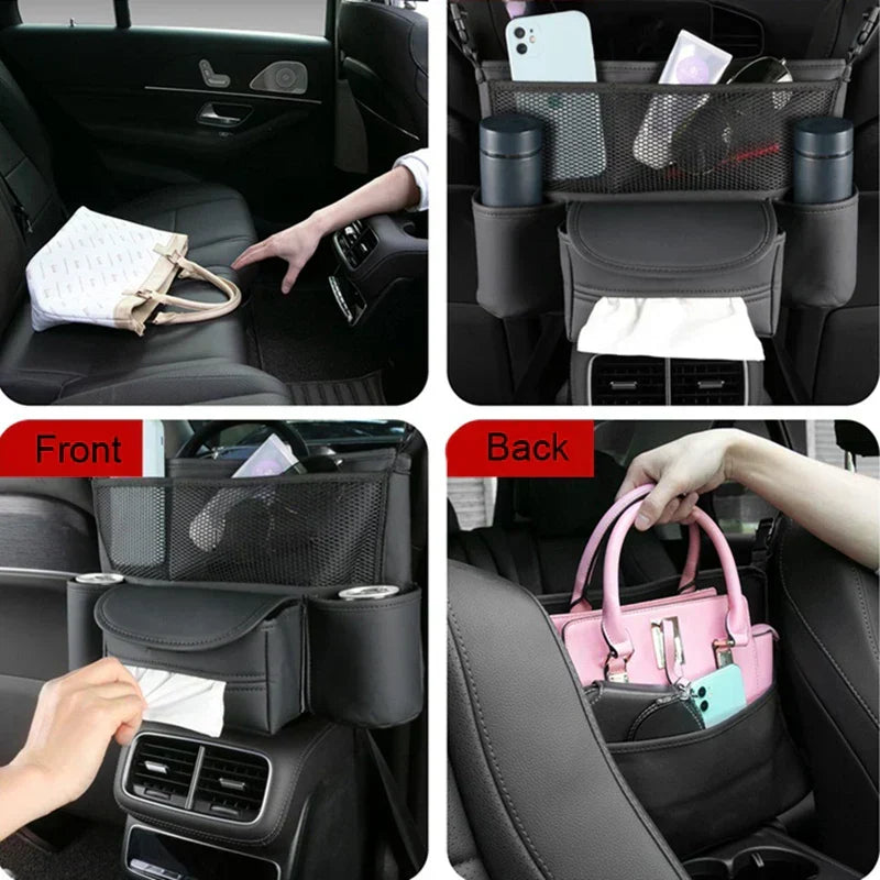 Universal Car Seat Middle Storage Bag–PU Leather Armrest Organizer Black