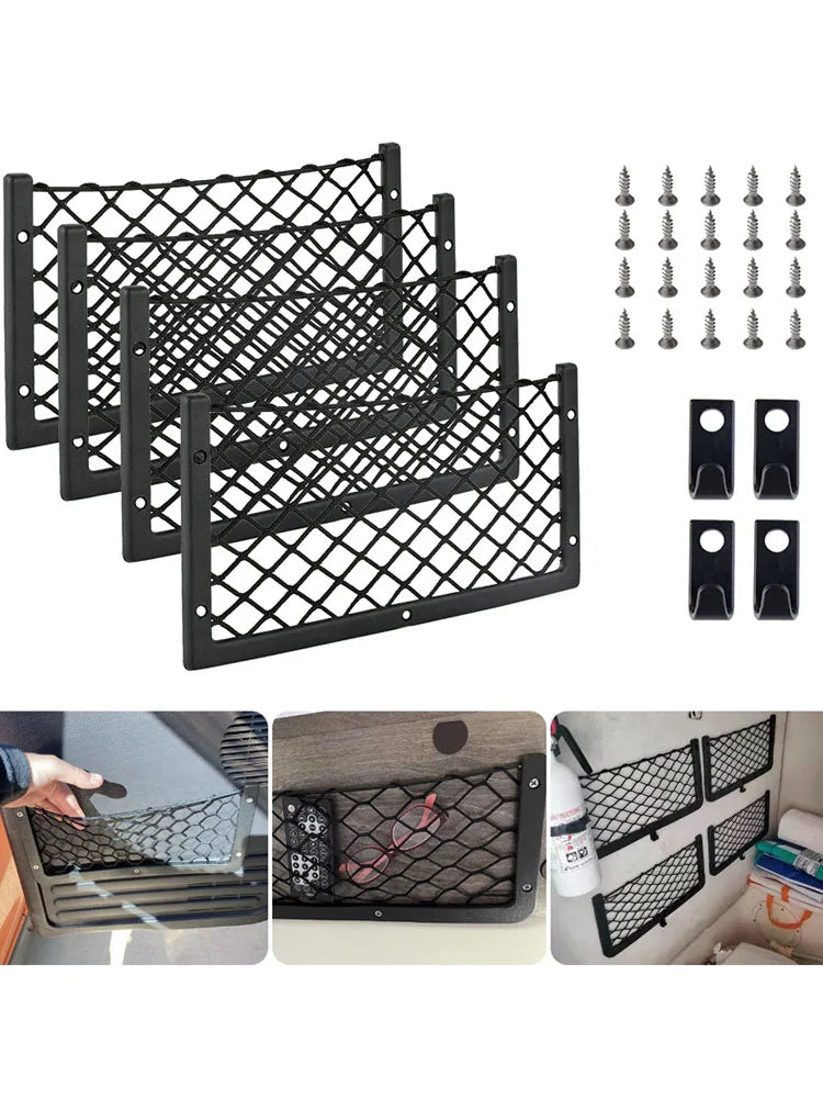 4PCS Framed Car Mesh Storage Net Bags 36x18CM Organizer Pockets Black